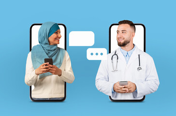 A young woman in a blue hijab is shown texting on her phone, while man doctor with a stethoscope...