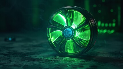 A green computer fan is lit up and sits on a dark surface