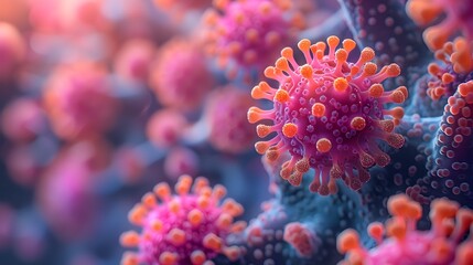 Obraz premium Microscopic View of Colorful and Intricate Viral Microstructures Magnified for Scientific and Medical Research