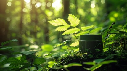 A green container with a lid sits on a mossy log in a lush green forest