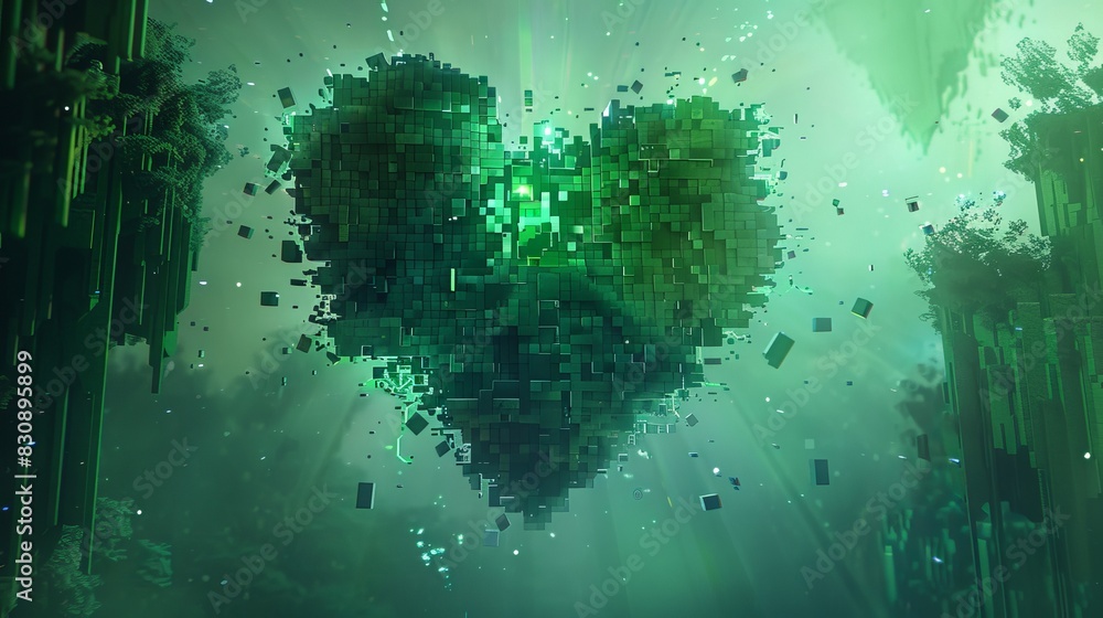 Wall mural A green heart made of blocks is floating in the air