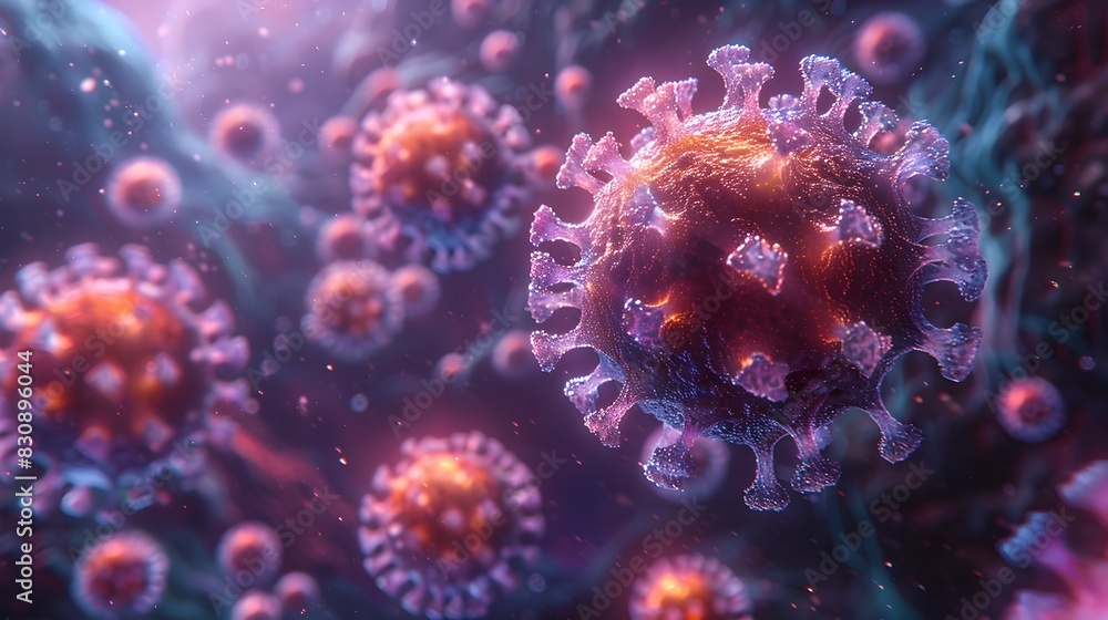 Poster microscopic view of coronavirus outbreak causing global pandemic