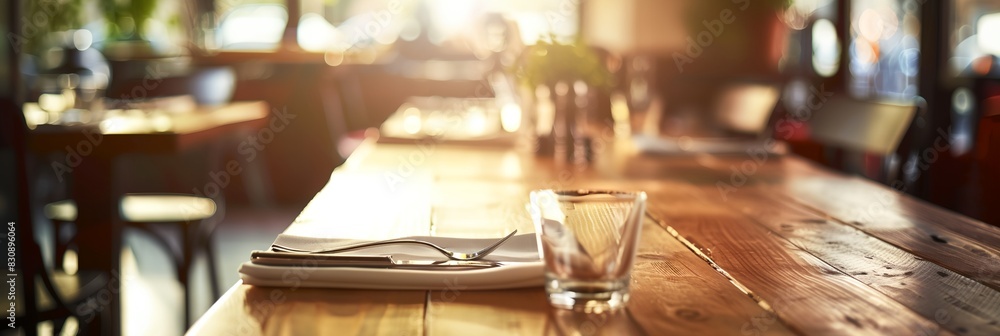 Poster table with napkin and a glass on it with fork and knife on it