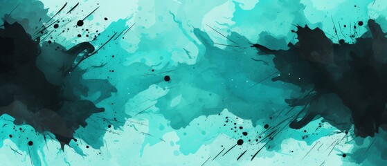 Teal and black abstract splatter background with copy space,