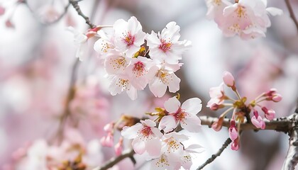Fototapeta premium Close-up shot of white and pink Sakura flowers on a branch, nature in Japan concept