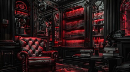 Cozy, dimly-lit library featuring dark wood bookshelves, a plush leather chair, and ambient red lighting creating a mysterious atmosphere.