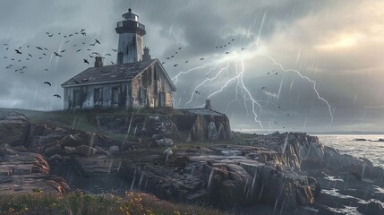 Fototapeta premium Dramatic coastal storm scene with an old lighthouse, rocky cliffs, and lightning striking behind dark storm clouds.