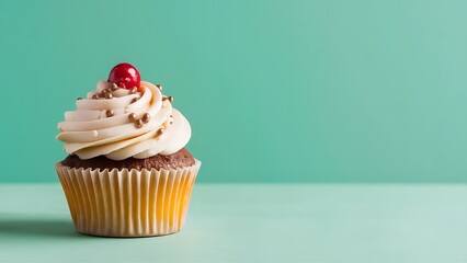 A deliciously decorated cupcake positioned on the left side of a solid mint green background, perfect for bakery or dessert-themed content template