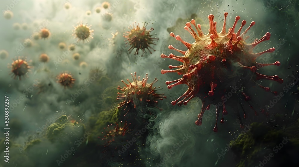 Aufkleber microscopic view of highly contagious coronavirus causing worldwide pandemic and public health emerg