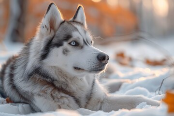 Naklejka premium A majestic Siberian Husky rests in snowy conditions, showcasing its thick fur coat and captivating eyes