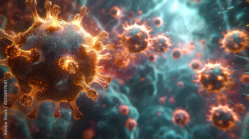 Poster microscopic view of intricate viral structures and cellular patterns revealing the complex nature of