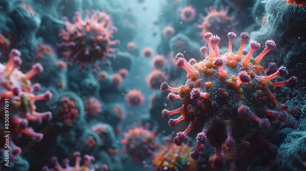 Poster microscopic view of intricate viral structures in a vibrant abstract composition
