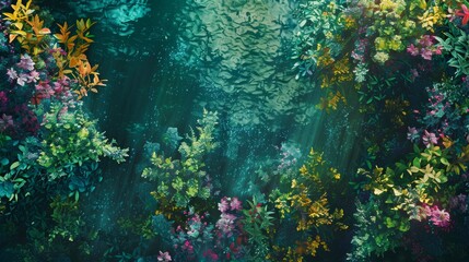 Underwater garden of aquatic plants and flowers, using a variety of greens, teals, and vibrant colors to create a lush, otherworldly scene beneath the water's surface, ai generated