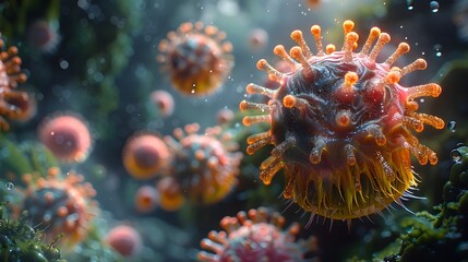 Obraz premium Microscopic View of Intricate Virus or Bacterial Cells in Scientific Laboratory Research