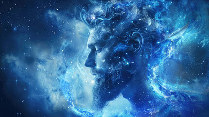 Man in the image of a zodiac sign Aquarius on blurred background