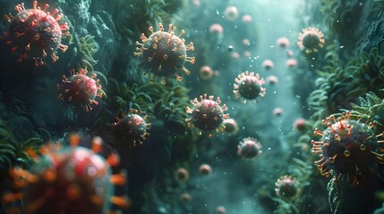 Obraz premium Microscopic View of Novel Coronavirus Outbreak Impacting Global Health and Science