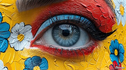 Close-up of a blue eye with colorful floral makeup