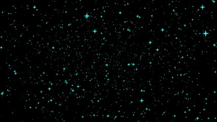 The star slowly moves through the air. Loop particle illustration with bokeh on black background.