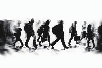 silhouettes of fleeing people. Black and white textured vector illustration
