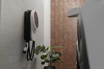 Wallbox EV electric vehicle charger Installed in garage in the house, 3d rendering.