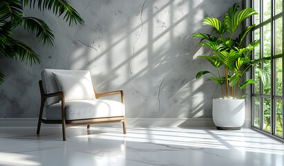  images showcase a minimalist, sunlit living space with modern white chairs and lush green plants against a textured gray wall. 