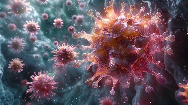 Microscopic View of Viral Cells in Medical Research Laboratory