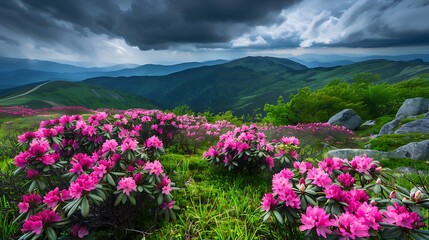 Magic pink rhododendron flowers on summer mountain dramatic overcast sky