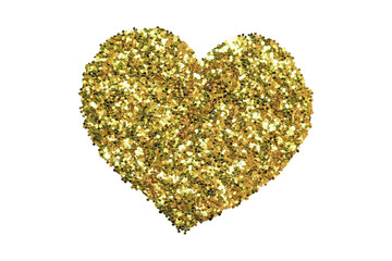 Gold Golden Glitter Glitters, Heart Shape. Isolated on White Background and Transparent PNG.