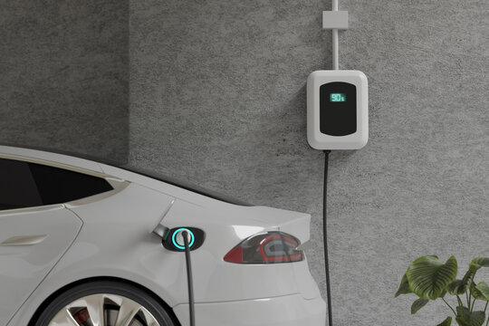 Electric Car Charging with EV charger at home, ev charger working and show status on the screen, 3d rendering