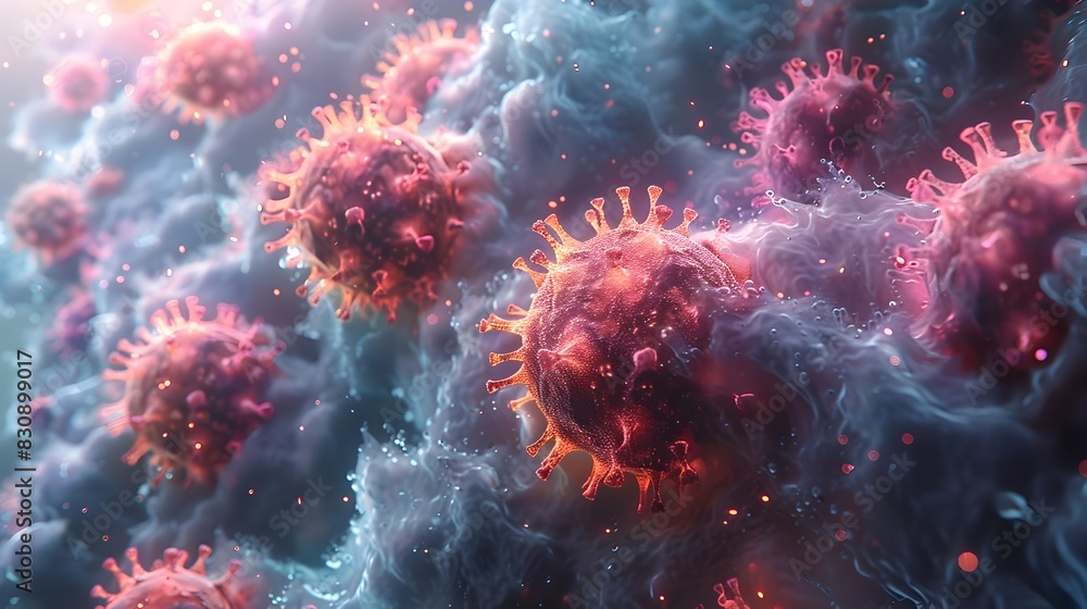 Poster microscopic view of viral outbreak detailed 3d rendering of covid 19 or similar infectious pathogens