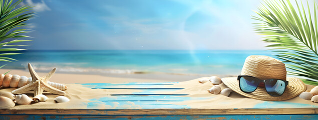 Beach accessories on tropical sand and wooden table, with hat and sunglasses on blue plank, creating a summer beach background. Perfect for vacation and travel themes.