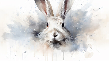 A big-eared hare in splashes of watercolor paints with an expressive look