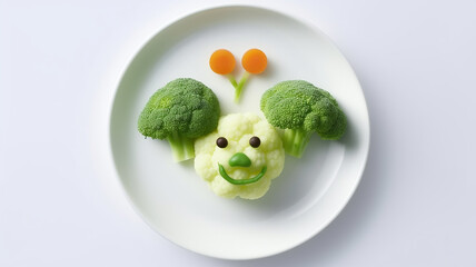 Funny food for children, a cute broccoli dish on a plate on a white background, an emotional character with eyes
