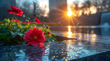 Fresh red flowers by a memorial's reflecting pool with a sunrise in the background