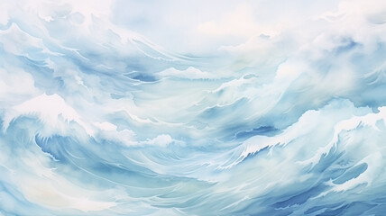 Blue sea waves during a storm, background image in watercolor style