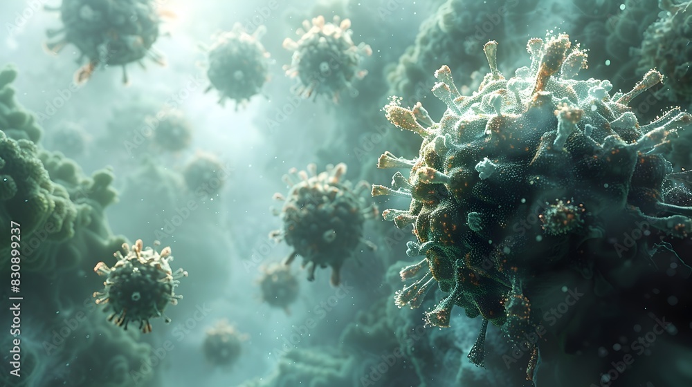 Poster microscopic view of viral pathogens and cellular microstructures in a biological laboratory setting