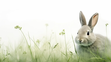 rabbit, Easter spring greeting, young green grass on a white background of nature, wild animal in the field