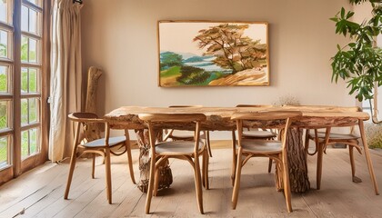 Fototapeta premium Modern Japandi Design: Live Edge Dining Table with Art Poster and Log Chairs