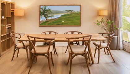 Modern Japandi Design: Live Edge Dining Table with Art Poster and Log Chairs"