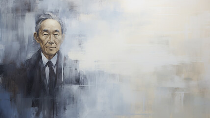 man, portrait of an Asian businessman man, impressionism paint painting, light white and blue, background copy space