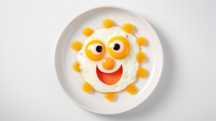 Funny scrambled eggs in a plate on a white background, funny character with a smile and eyes