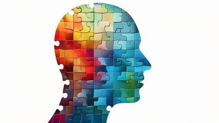 Human head is covered with puzzle pieces, a colorful mosaic on a light background