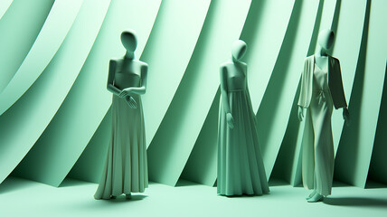 springtime spring fashion.  Elegant female silhouettes, images, graceful figures, mannequins in green and mint shades