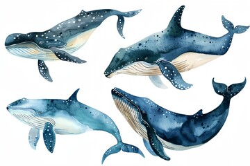 Fototapeta premium group of whales swimming in the ocean together, with a white background