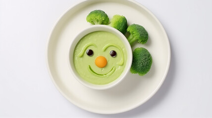 Funny food for children, a cute broccoli dish on a plate on a white background, an emotional character with eyes