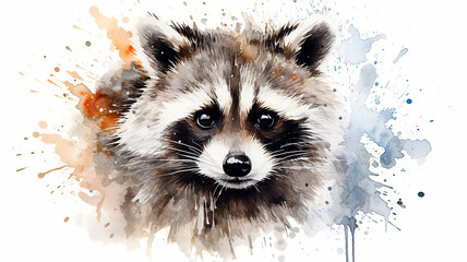 The raccoon is an inquisitive striped wild animal splashed with watercolor paints