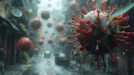 Microscopic Viral Outbreak Amid Stormy Urban Landscape