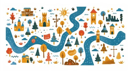 The image is a colorful map of a fictional land. The map features a river, trees, mountains, and various buildings.