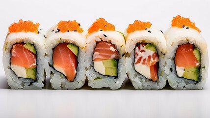 Delicious rolls with salmon, rice, traditional Asian seafood set on a white background