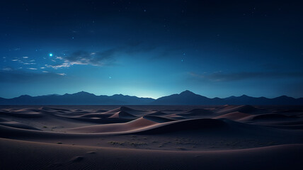 A sultry endless desert, dunes of yellow sand, blue night sky..to the horizon, the radiance of stars and constellations